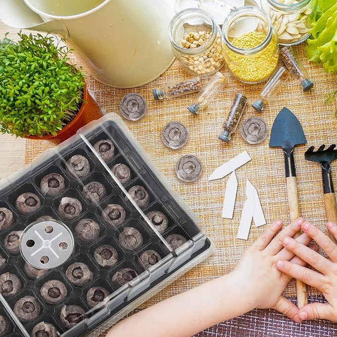 3 Pack Seed Starter Tray Kit 120-Cells Germination Starter Tray with Humidity Dome and Base Including 120 Peat Pellets, Plant Labels, Tool, Plastic Plant Growing Tray for Garden Planting, Black