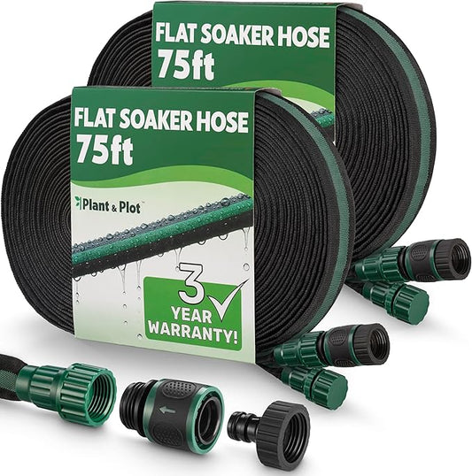 Flat Soaker Hose 150ft (75ft 2-Pack) for Garden // Drip Hose for Garden Beds, Lawns and Trees // Heavy Duty Leakproof Design with Quick Connect // Linkable Irrigation System for Vegetables and Flowers