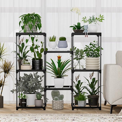 Plant Stand Indoor Outdoor Plant Shelf Stand, 3 Tiers 8 Pots Large Potted Metal Flower Plant Rack for Multiple Plants, Hanging Tall Planter Holder for Patio Balcony Living Room Corner Porch Garden Boho Decor Black