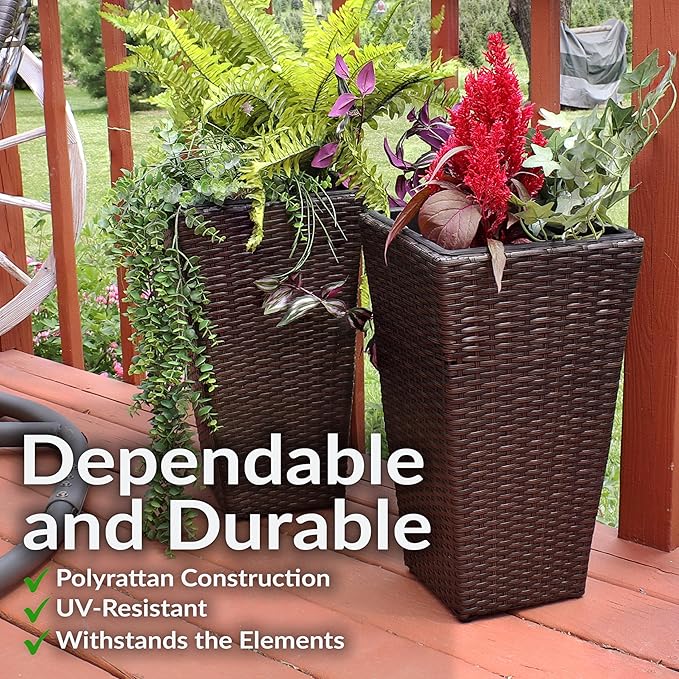Sunnydaze Set of 2 Square Tall Wicker Planters - Polyrattan Rectangular Large Plastic planters for Outdoor Plants - 20-Inches Tall - Brown