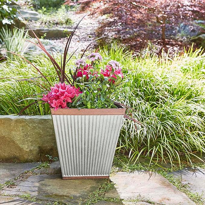 Southern Patio HDR 046851 16 inches Square Rustic Plastic, Indoor, Outdoor Garden Planter, Urn Pot for Flowers, Herbs, Galvanized