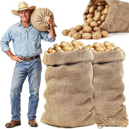 MAQIHAN 2 PCS Burlap Sack - 23.6" x 39" Burlap Bags for Plants High Density Natural Jute Bag of Potatoe Storage Plant Grow Bags with Rope Potato Sacks Race Bag Halloween,Christmas Decorations