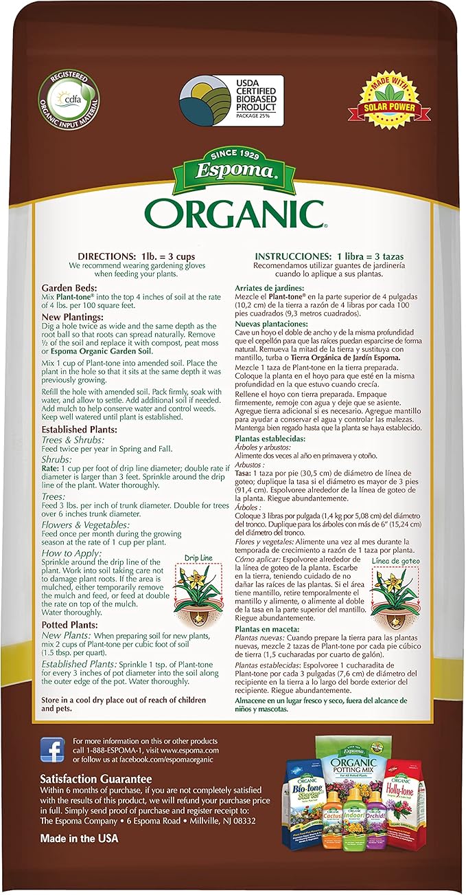 Espoma Organic Plant-Tone 5-3-3 Natural & Organic All Purpose Plant Food; 4 lb. Bag; Organic Fertilizer for All Flowers, Vegetables, Trees, and Shrubs. - Pack of 2