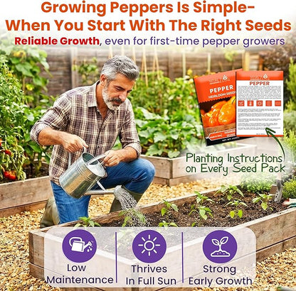 Hot Pepper Seeds for Planting, Cayenne, Hungarian Yellow, Jalapeno, Serrano, Habanero Orange, Heirloom Pepper Seeds Variety Pack, NonGMO, Made in USA