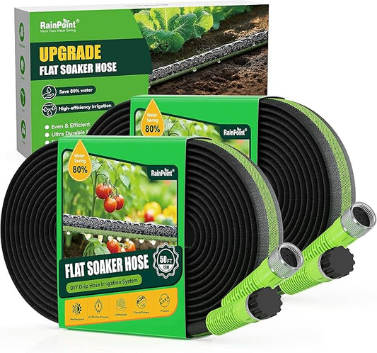 RAINPOINT Flat Soaker Hose 100FT for Garden, Drip Hose with Anodized Aircraft Aluminum Ends, Flexible Leakproof and Save 80% Water Garden Irrigation Hose, Green (50FT X 2Pack)