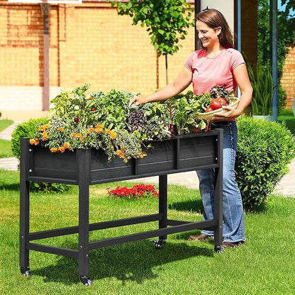 DWVO 47x18x31in Raised Garden Bed HDPE, Weather-Resistant Poly Wood Planter Box Stand, Planter Box with Legs & Lockable Wheels, Elevated Garden Bed for Backyard Patio Balcony - Black