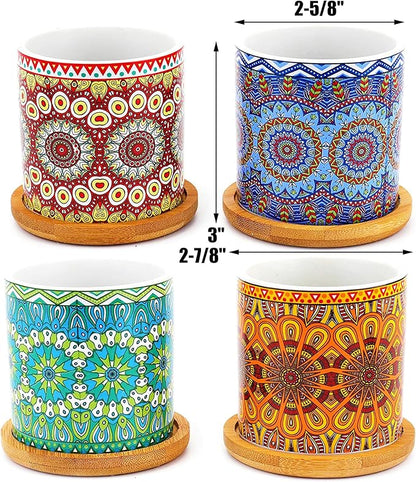 Yesland 4 Pack Succulent Plant Pots with Bamboo Tray, 3 Inch Ceramic Mandalas Pattern Cylinder Planter & Flower Pots with Drainage Hole, for Flowers, Cactus, Home, Garden, Office Decoration