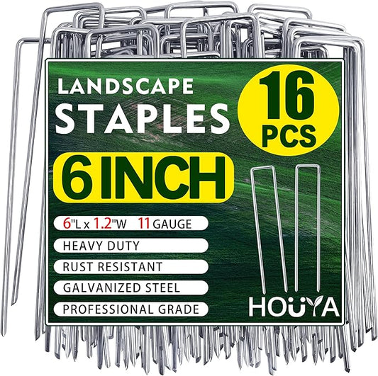 16 PCS Landscape Staples 6 Inch Galvanized Garden Stakes Garden Staples Pins Anti-Rust Ground Stakes for Weed Barrier, Irrigation Hose, Yard Lawn SOD, Landscape Fabric, Decor 6" L x1.2 W 16 pcs