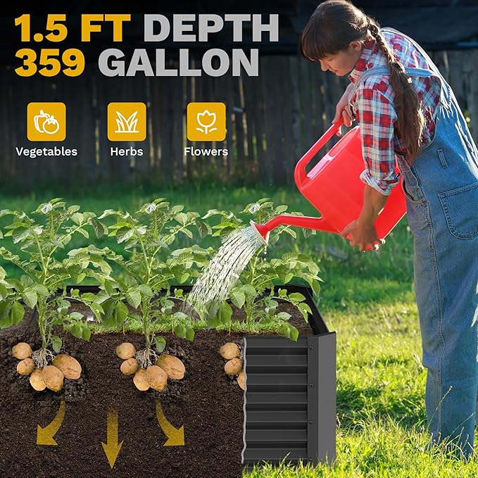DWVO 8 x 4 x 1.5 FT Raised Garden Bed Kit, Outdoor Galvanized Flower Bed with Safety Rubber and Gloves, Large Metal Planter Box for Vegetables, Flowers, Herbs, Fruits, Black