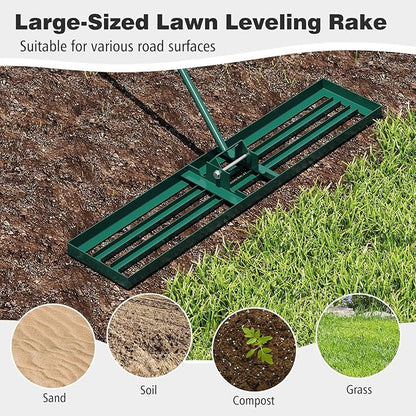 46" x 10" Lawn Leveling Rake, Heavy Duty Landscape Rake with 67" Handle, Non-Slip Grip & Flat Head, Space-Saving Lawn Level Tool for Garden, Backyard, Golf Course & Sports Field(Green)