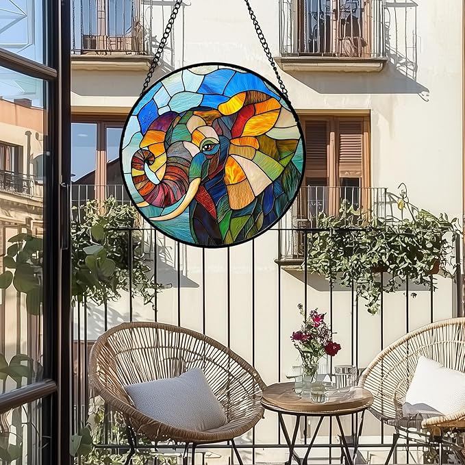 Stained Glass Window Hanging, Cute Elephant Sun Catcher for Door Home Decor Animal Suncatcher Christmas Mother's Day Birthday Gifts for Women Men Mom and Nana 15 in