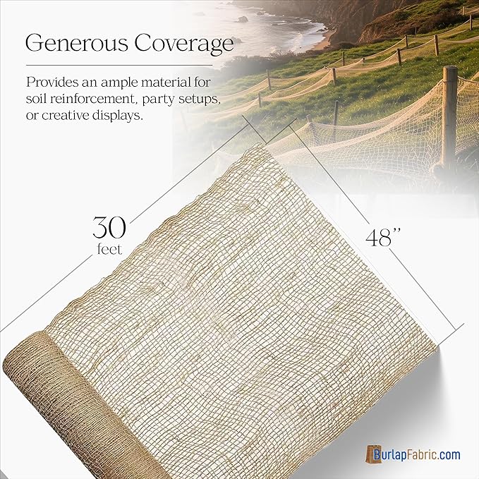 Burlap Natural Jute Netting – 48" Wide Biodegradable Mesh Fabric for Erosion Control, Mulch Retention, Landscaping, Fishing Net Decor, Ocean Party Decorations, Pirate Decor, and DIY Crafts, 30 Feet