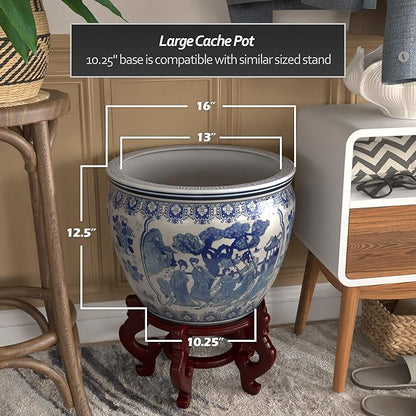 Red Lantern Oriental Furniture 16" Ladies Blue & White Porcelain Fishbowl, Large