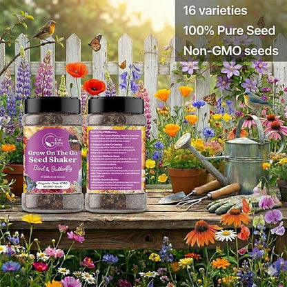Mini Wildflower Seed Shaker - Bird & Butterfly Garden Seed Mix | 60,000+ Annual & Perennial Flower Seeds for Planting - Attracts Hummingbirds & Butterfly | No Messy Bags or Packets