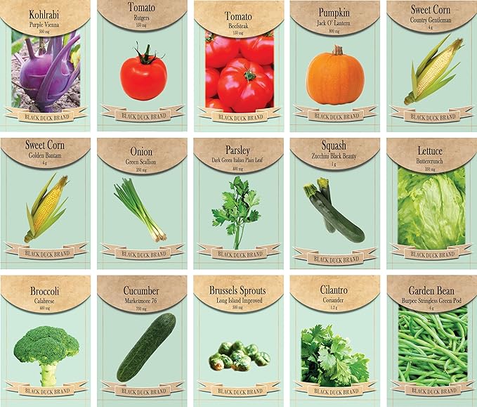 Set of 15 Assorted Vegetable & Herb Seed Packets - Create a Deluxe Garden Heirloom Seeds - 100% Non-GMO (15)