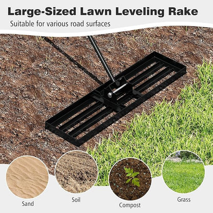 36" x 10" Lawn Leveling Rake, Heavy Duty Landscape Rake with 67" Handle, Non-Slip Grip & Flat Head, Space-Saving Lawn Level Tool for Garden, Backyard, Golf Course & Sports Field(Black)