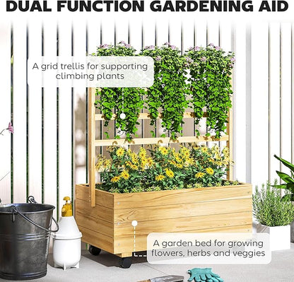 Outsunny Raised Garden Bed with Trellis and Wheels, Outdoor Wooden Elevated Planter Box, Freestanding Raised Flower Bed for Climbing Plants, Flowers, Herbs and Vegetables, Natural