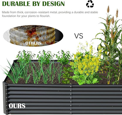 Domi 8x4x2ft Metal Raised Garden Beds Outdoor, Thickened Galvanized Steel Deep Root Planter Box with Stabilizing Bars & Rubber Edging for Vegetables, Flowers, Herbs - Dark Gray