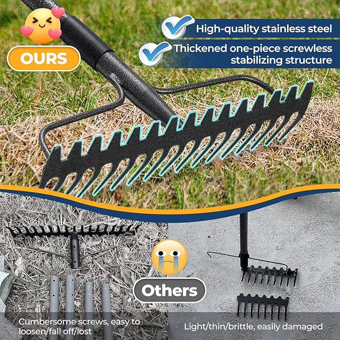 Garden Rake, 17" Extra Wide Double-Sided Head, 63" Heavy Duty Lightweight Stainless Steel Leaf Rake for Leveling Lawn, Loosening Soil, Leaf Cleanup, Soil Prep, Landscaping, Spread Mulch Fast