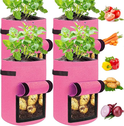 JJGoo 4 Pack Potato Grow Bags 10 Gallon with Flap, Heavy Duty Fabric with Handle and Harvest Window, Non-Woven Planter Pot Plant Garden Bags to Grow Vegetables Tomato, Rose Red