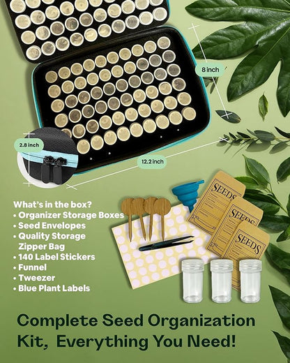 Seed Storage Organizer Box with 120 Containers, Zipper Bag, Seed Envelopes, Labels, Funnels & Tweezers – Seed Saver Storage Kit for Gardeners