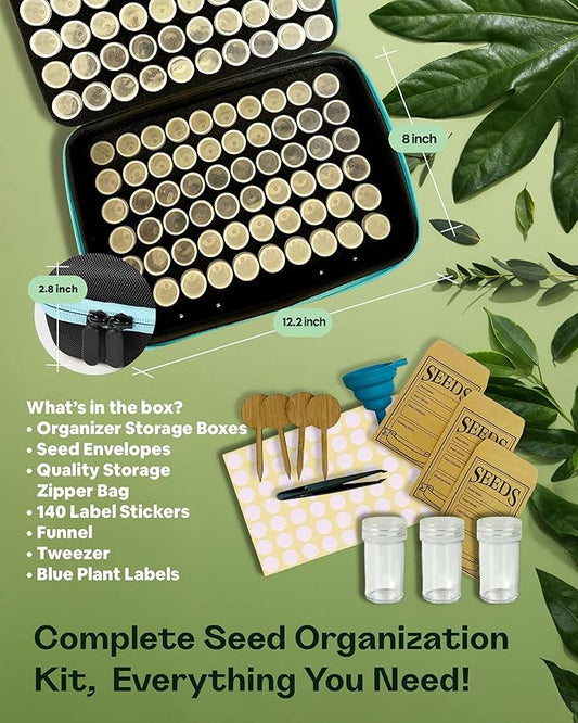 Seed Storage Organizer Box with 120 Containers, Zipper Bag, Seed Envelopes, Labels, Funnels & Tweezers – Seed Saver Storage Kit for Gardeners