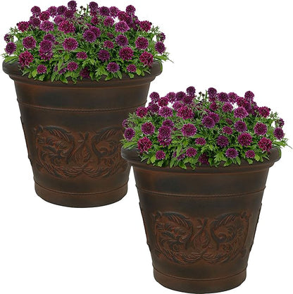 Sunnydaze 16-Inch Arabella Large Plastic Pot for Plants - Outdoor Double-Walled Polyresin Large Plastic Planter with Drillable Drainage Holes - Rust - 2-Pack