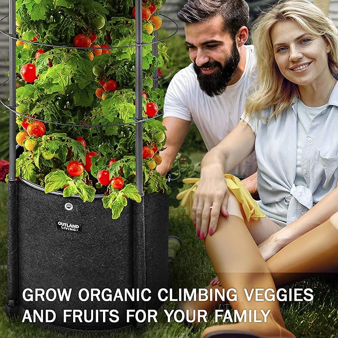Outland Living Large Tomato Planter with Metal Trellis 68 Inch, 20 Gallon Fabric Pot with Drainage - Tall Cages for Climbing Outdoor Plants Cucumber, Grape, Beans and Flowers, Black (Pack of 1)