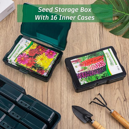 Dark Green Seed Storage Box With 16 inner 4×6 inch small boxes, Portable tool storage box for fishing,Seed Packet Storing (DarkGreen)