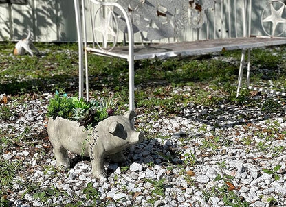 Zeckos Charming Rustic Weathered Grey Smiling Pig Resin Planter Plant Pot - Adorable Outdoor Décor Accent for Porches, Patios, Yards and Gardens - 17 Inches Long