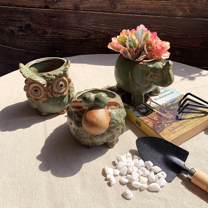 Cotta Planters Cute Animal Succulent Planter Pots 3 Pack Sheep Planter Elephant Pot Owl Planter with Drainage Hole for 2" Small Plants