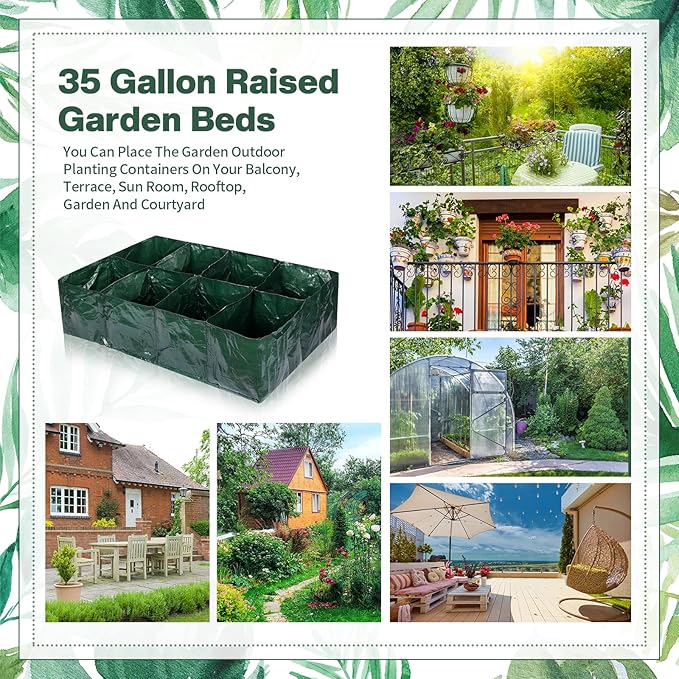 Irenare 2 Pcs 35 Gallon Fabric Raised Garden Beds Planters PE Planting Bed with 8 Divided Grids Rectangle Garden Beds Outdoor Flower Bed with 8 Drainage Holes for Vegetables Fruits Flowers(Green)