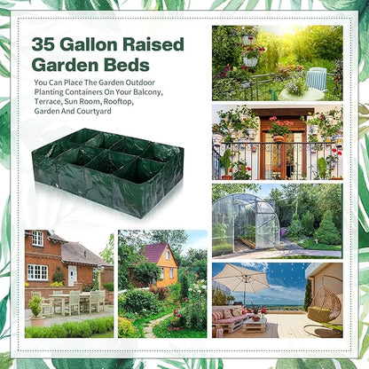 Irenare 2 Pcs 35 Gallon Fabric Raised Garden Beds Planters PE Planting Bed with 8 Divided Grids Rectangle Garden Beds Outdoor Flower Bed with 8 Drainage Holes for Vegetables Fruits Flowers(Green)