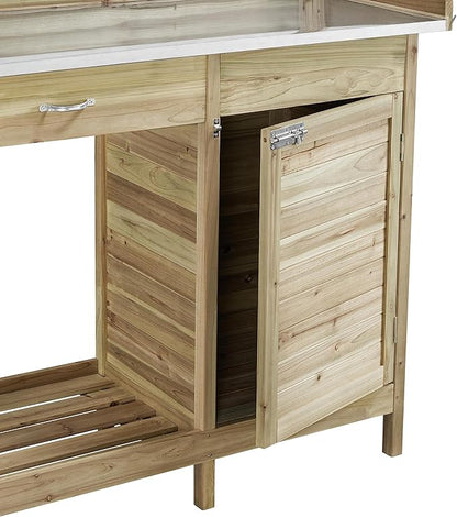Topeakmart Garden Potting Bench Potting Table ACQ Lumber Wood Outdoor Work Station Work Bench Planting with Cabinet & Drawer & Top Shelf & Lower Shelf Light Green