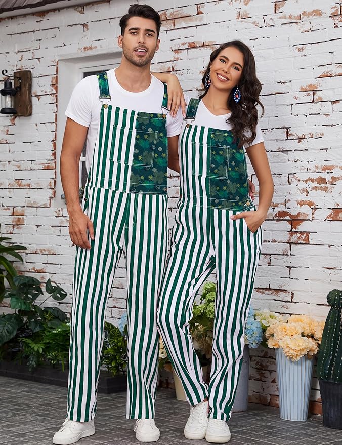 Bib Overalls for Men Adjustable Straps Jumpsuit Striped Women Coveralls with Pockets