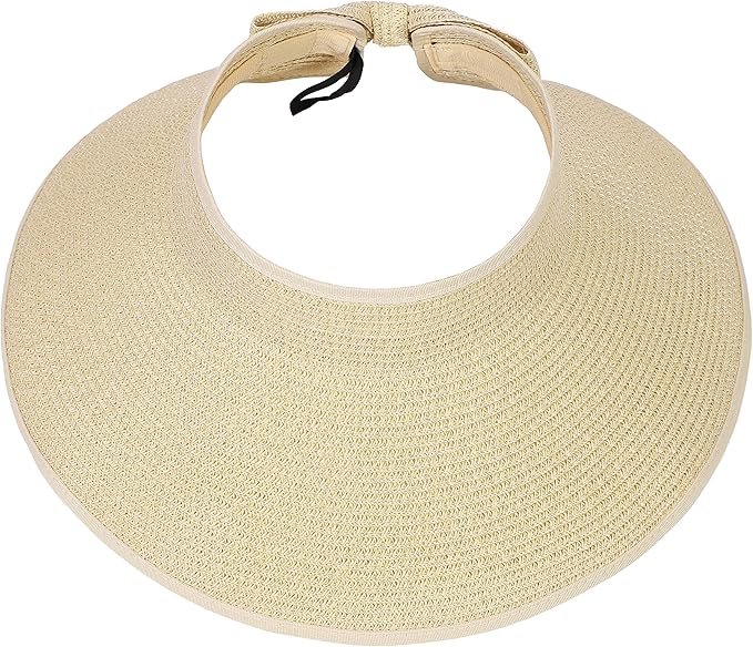 Womens Beach Straw Sun Hats Ponytail Hole Wide Brim Summer Visor Foldable Hat Sun Protection Packable for Travel Pool