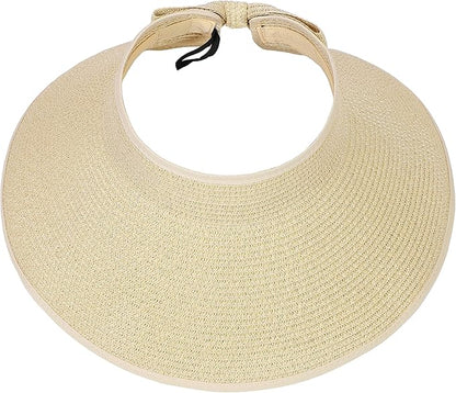 Womens Beach Straw Sun Hats Ponytail Hole Wide Brim Summer Visor Foldable Hat Sun Protection Packable for Travel Pool