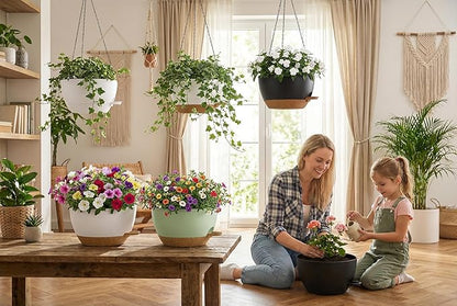 Hanging Planters, 3-Pack 10 Inch Self-Watering Pots with Drainage Holes and Chains, Matte Plastic Planters for Indoor/Outdoor Plant（Black Brown）