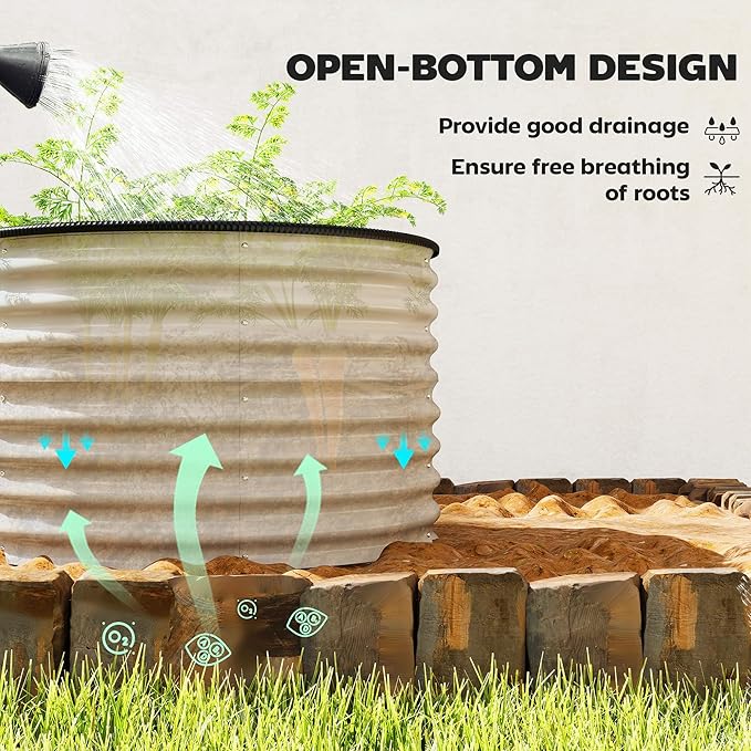 Outsunny Galvanized Raised Garden Bed Set of 2, Planters for Outdoor Plants with Safety Edging, Easy-to-Assemble Stock Tanks for Growing Flowers, Herbs and Vegetables, 3' x 3' x 2', Cream White