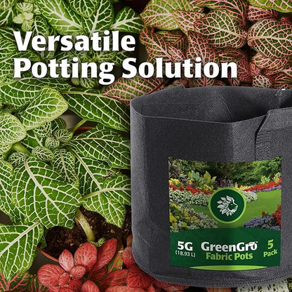GreenGro 5-Pack 2 Gallon Nonwoven Fabric Grow Bags - Fabric Planting Pots/Great for Vegetables, Herbs, Flowers, Shrubs/Portable for Indoor & Outdoor Plants/Improved Aeration & Drainage