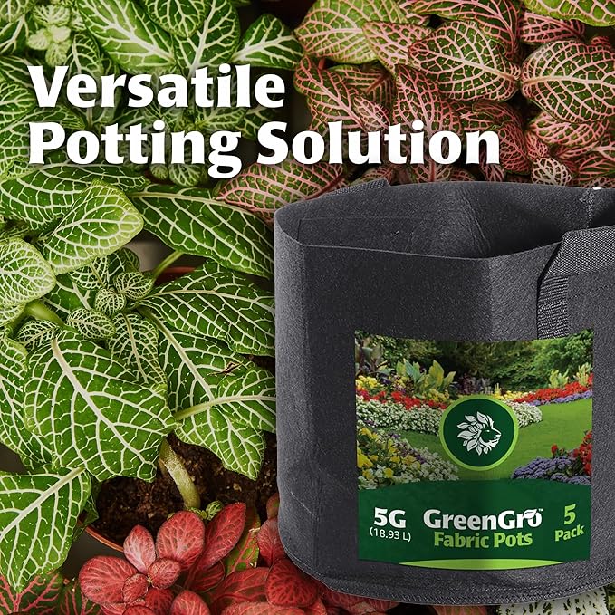 GreenGro 5-Pack 5 Gallon Nonwoven Fabric Grow Bags - Fabric Planting Pots/Great for Vegetables, Herbs, Flowers, Shrubs/Portable for Indoor & Outdoor Plants/Improved Aeration & Drainage