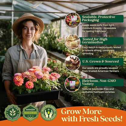 Zinnia Seeds Pack 1 oz - 3,800 Non-GMO Heirloom Zinnia Seeds for Planting, Perennial Flowers in Waterproof Seed Packet, Wildflower Seeds for Planting Garden Indoor & Outdoor Gardening