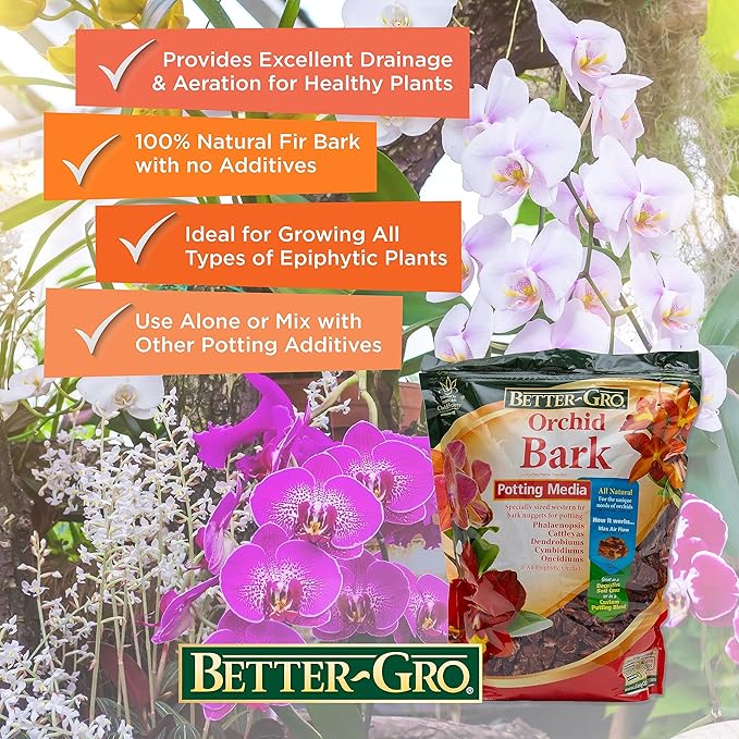Better-Gro Orchid Bark-Premium Grade Orchid Potting Medium for Potting,Repotting,Root Development,and Water Retention,Ideal for Phalaenopsis,Epiphytic Orchids,and Tropical Plants-4 Quarts,(Pack of 2)