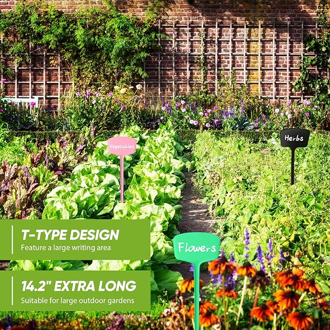 50 Pcs 14.2 Inch Plastic Plant Labels Tags T Type Plant Markers with Pen for Outdoor Indoor Garden Pot Herbs Flowers Vegetable(Multicolor)