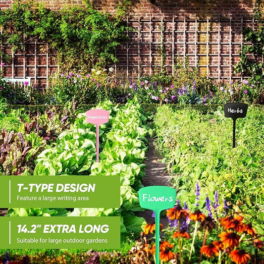 50 Pcs 14.2 Inch Plastic Plant Labels Tags T Type Plant Markers with Pen for Outdoor Indoor Garden Pot Herbs Flowers Vegetable(Multicolor)