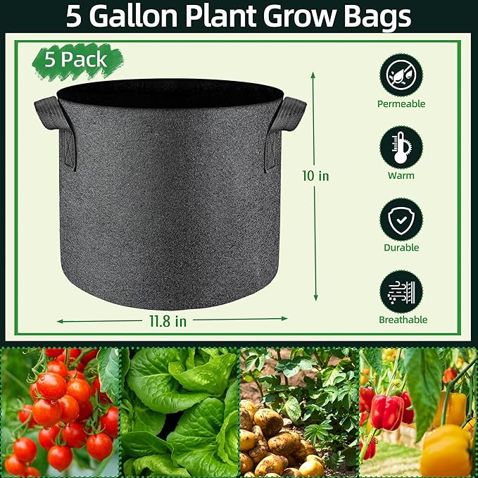 5 Pcs Grow Bags 5 Gallon Plant Grow Bags Multi-Purpose Nonwoven Fabric Pots with Durable Handles,Outdoor Garden Plant Pots for Vegetables Fruits Flowers Herb Succulent Bonsai Plants