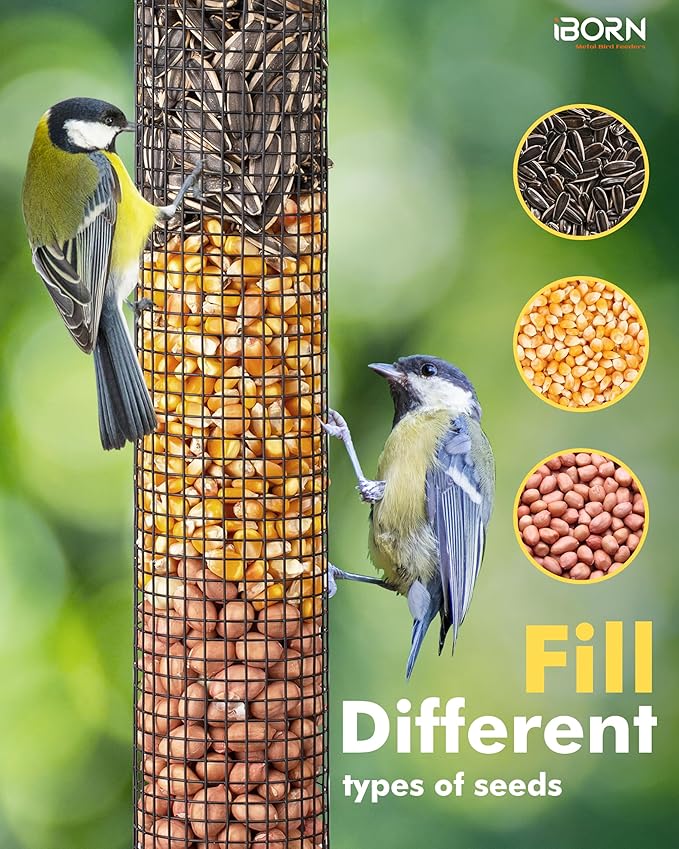 iBorn Metal Peanut Bird Feeder for Outdoors - 14" Peanut & Sunflower Seed Feeder, Hanging Metal Mesh Mixed Seed Bird Feeder with Easy-Clean Design for Woodpeckers, Jays, Titmice,Green