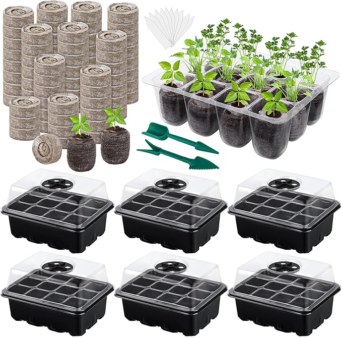 6 Pack 12-Cells Seed Starter Tray Kit with Humidity Dome and Base, Germination Tray Including Peat Pellets, Plant Labels, Tool, Plastic Plant Seedling Starter Trays for Indoor Outdoor, Black