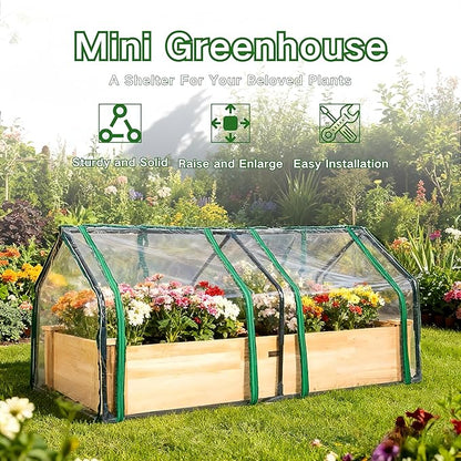 4x2ft Raised Garden Bed with Greenhouse Cover,Wooden Planter Box with Clear PVC Cover & Dual Roll-Up Windows,Outdoor Elevated Garden Box for Vegetables/Herbs/Flowers,Patio,Balcony,Backyard