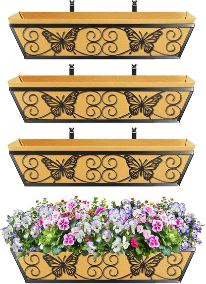 4 Pack 24 Inch Window Boxes Planters Railing Planter Box with Adjustable Brackets for Porch Fence Patio Balcony Hanging Flower Baskets with Woven Fabric for Outdoor Garden Decor - Black